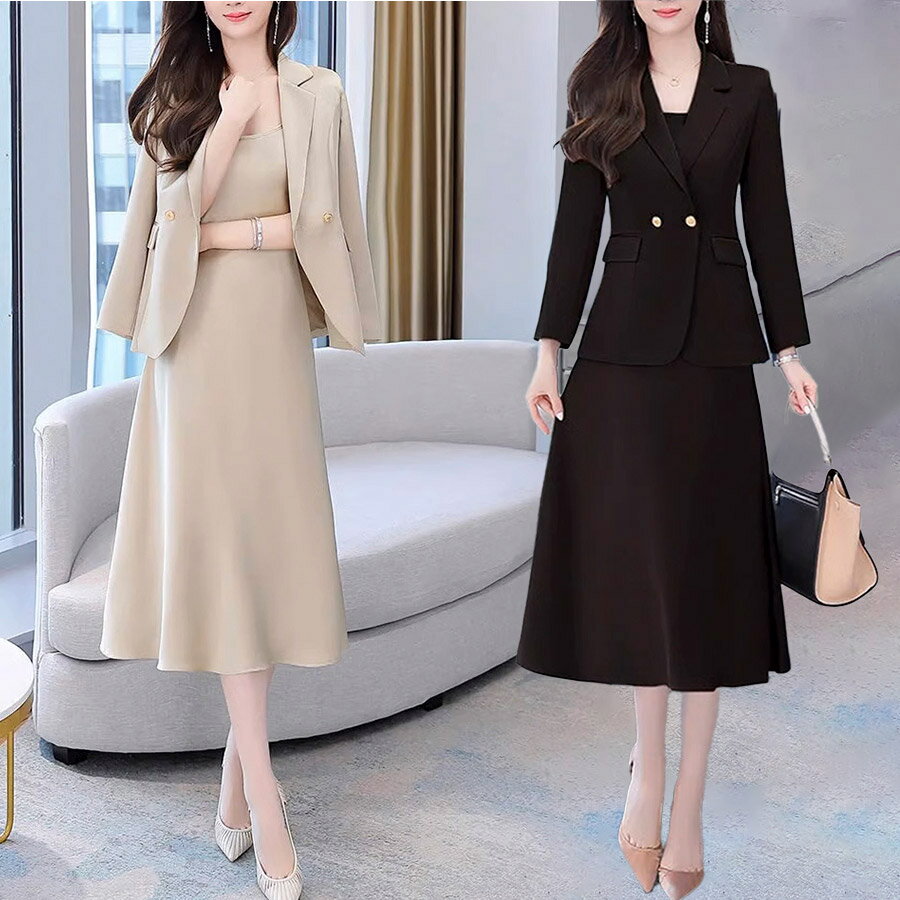 3-Piece Set - レディース スーツ ビジネス セットアップ ジャケット セレモニースーツ フォーマルスーツ ワンピース 2点セット かっこいい スカート ロングスカート 膝丈 入園式 卒業式 入学式 セレモニー ママスーツ ママ キャミソール 上下セット 30代 40代 50代 60代 大きいサイズ