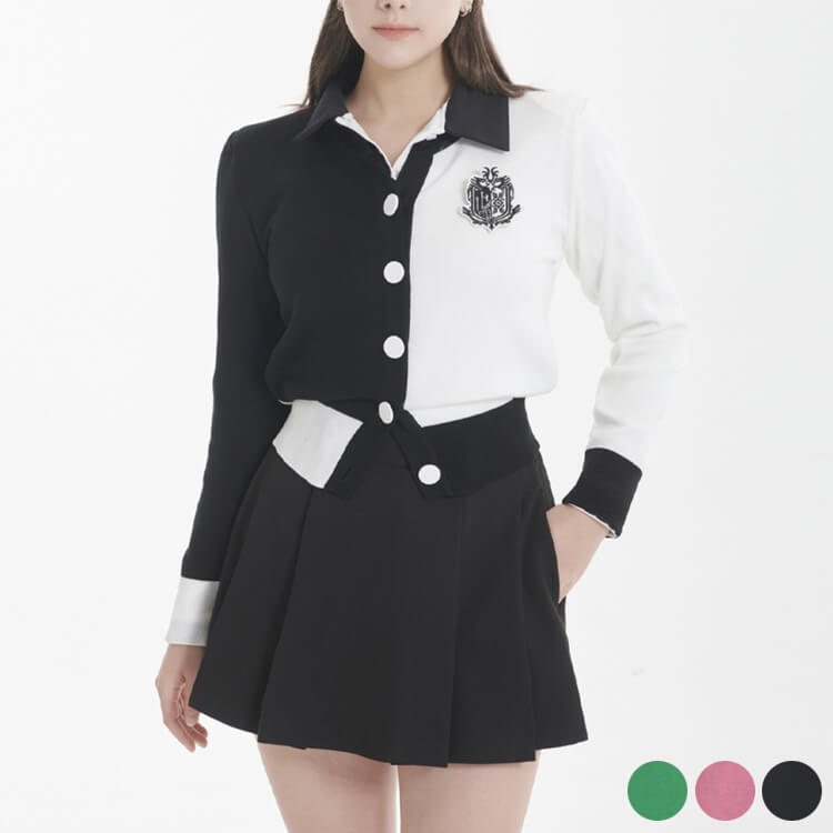 【商品番号】8164韓国ゴルフウェア 配色ラウンドネックバイカラーニットカーディガン。アシンメトリーデザインで左右のカラーを変えたいろあいがおしゃれ。ラウンドネックなのでインナーとのコーデもしやすい。適度にゆとりのあるフィット感で楽々ゴルフ。取り外し可能なワッペンがポイント。【洗濯情報】ドライクリーニング、単独手洗い、漂白禁止、乾燥機禁止【サイズ】FREE(着丈53cm/肩幅40cm/胸囲86cm/アームホール42cm/袖丈57cm)【素材】アクリル95%、ポリエステル5%【生産国】韓国【裏地 / 伸縮性】伸縮性:良い/裏地:なし/透け感:なし/厚み:普通/季節：秋・春【カラー】グリーン、ピンク、ブラック【お色に関しまして】 ・お客様のご覧になられますパソコン機器及びモニタなどの違い、また室内、室外での撮影により実際の商品素材の色と相違する場合もありますのでご了承ください。 なお著しい相違はございませんのでご安心ください。