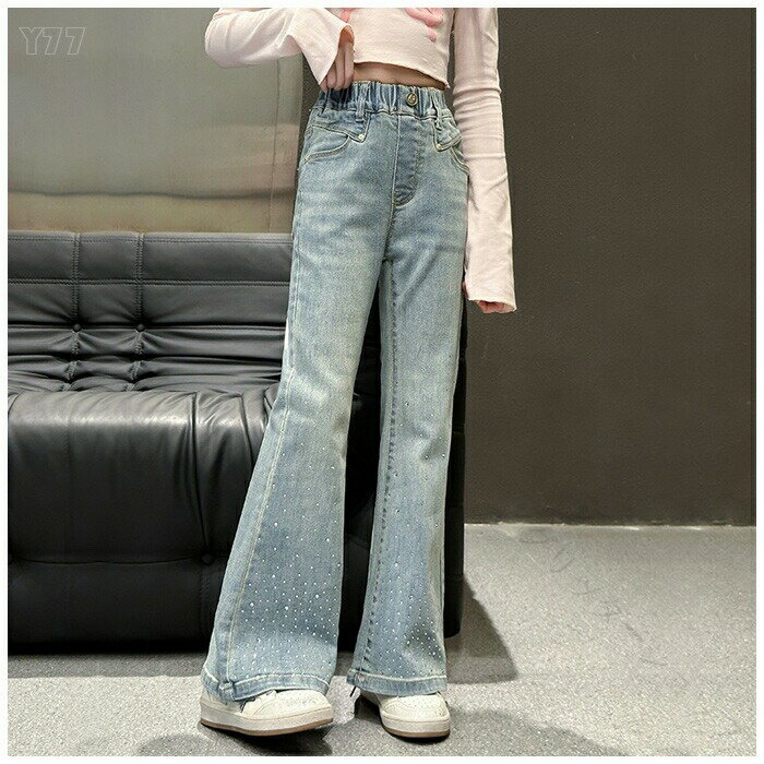 Korean girls' denim flare pants, kids' denim pants, jeans, blue, black, sequined, stylish, spring, summer, autumn, school wear, children's pants, kids' pants, girls' clothing, girls' jeans.