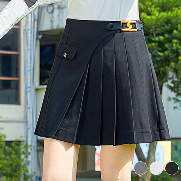 ゴルフウェア レディース 韓国 スカート ミニスカート ミニ丈 Aライン プリーツスカート ゴルフウエア ゴルフ ウエア アシンメトリー ラップスカート プリーツ 春 秋 冬 おしゃれ グレー ホワイト ブラック