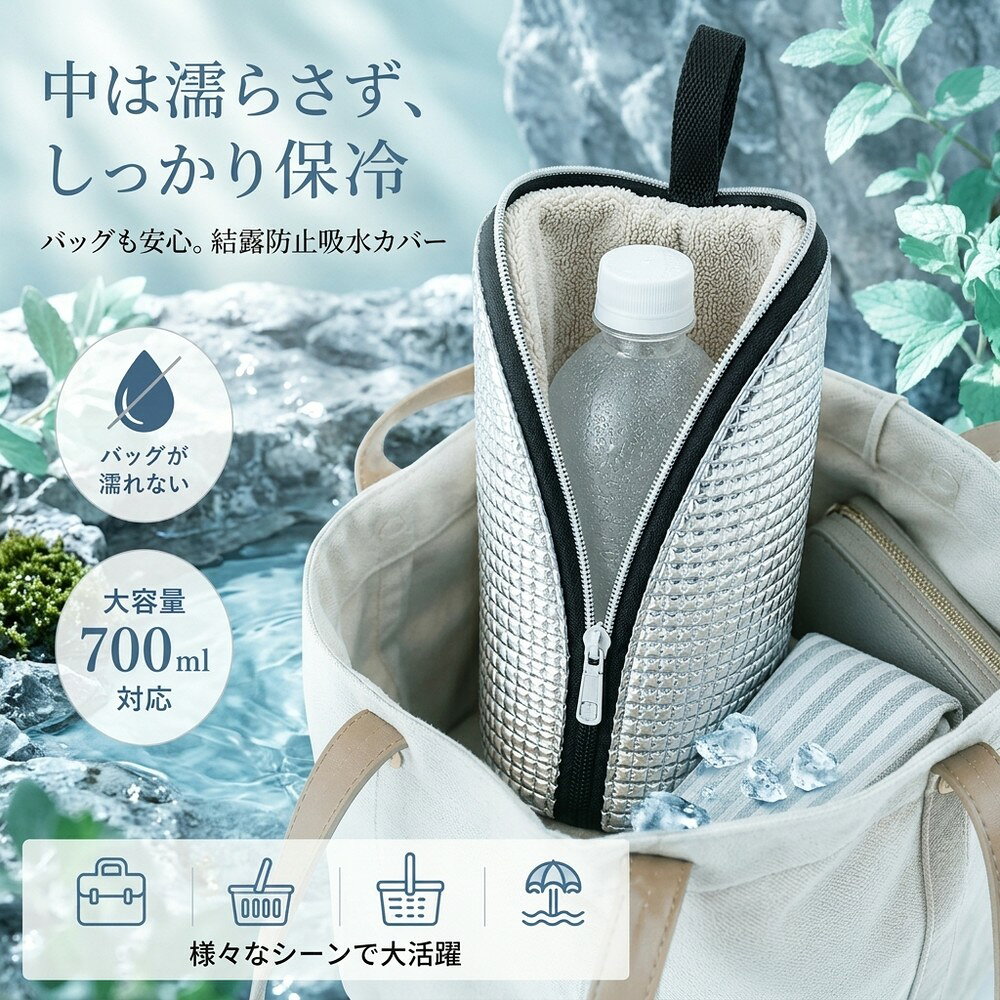 結露をしっかり吸収！バッグの中を濡らさない保冷ポーチ冷たい飲み物を買ったものの、結露でバッグの中がびしょびしょになってしまった…そんな経験はありませんか？本製品は、そんなお悩みを解決する結露吸収タイプの保冷ポーチです。■ バッグの中をしっかり守る、結露吸収構造内側には約2mm厚手のマイクロファイバー生地を採用。発生した結露をしっかりと吸収し、バッグの中を濡らしません。さらに、ムレを抑えて嫌なニオイの発生も防ぎます。一般的な保冷ポーチのように水滴がつきにくく、荷物を安心して収納できます。■ 保冷効果もバッチリ！朝買った飲み物が夕方まで冷たいまま約3mmの厚手断熱層がしっかりと保冷。なんと最長9時間後も氷が残るという実測データも。朝買った冷たい飲み物が、夕方まで冷たいまま楽しめます。■ 700mlペットボトルまで余裕の収納内寸は高さ25cm、底部直径8.5cmの大容量設計。700mlのペットボトルにもジャストフィットし、525ml・600ml・650mlサイズにも余裕を持って収納可能です。■ 多彩なシーンで大活躍通勤・通学はもちろん、お買い物、ピクニック、レジャーなど、あらゆるシーンで活躍するアイテムです。製品仕様対応容量：最大700ml内寸：高さ25cm / 底部直径8.5cm素材：内側マイクロファイバー（約2mm厚手）、外側保冷厚構造（約3mm） メーカー希望小売価格はメーカーカタログに基づいて掲載しています