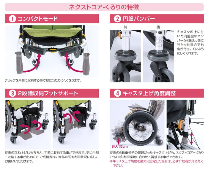 車椅子 小回り【松永製作所 ネクストコア-くるり NEXT-81B】アルミ製 6輪介助式車椅子 背折れ 背シート調整 3