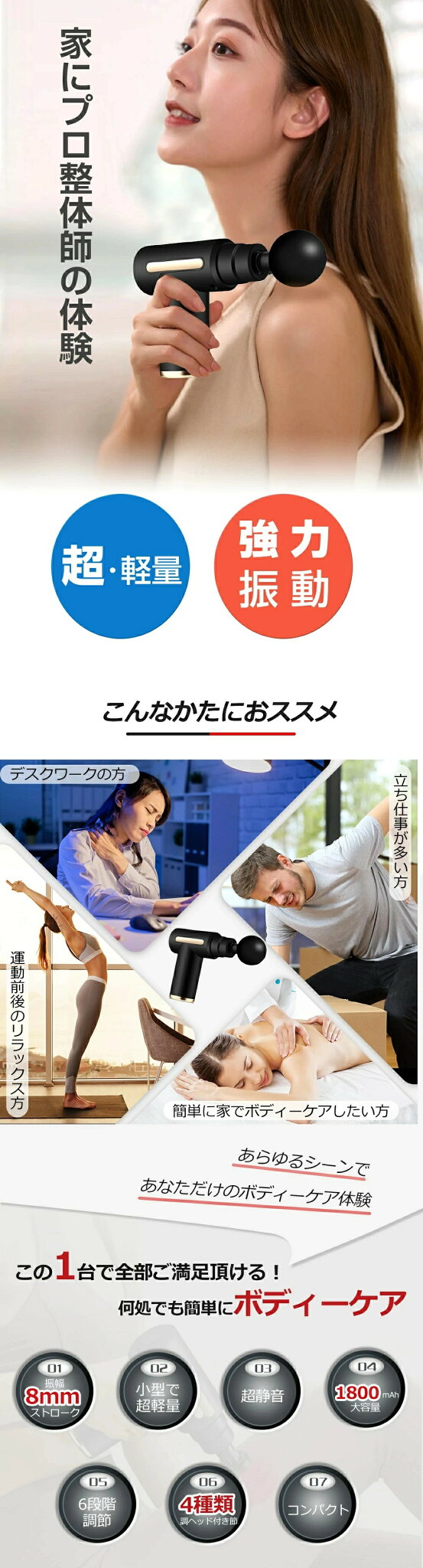 全身ほぐれる 電動マッサージ器 ハンディガン 筋膜リリース ガン 健康 ストレッチ グッズ 電動 女性 男性 誕生日 おすすめ プレゼント