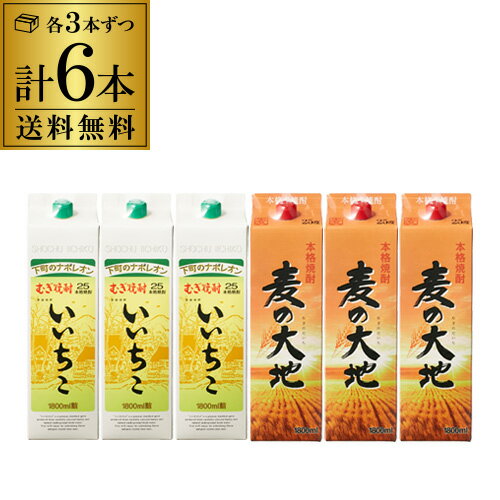 送料無料 麦焼酎飲み比べ 6本セット麦の大地3本 いいちこ3本1本当たり1,547円(税込)パック 1.8L 1800ml 25度 一升 福徳長酒類 三和酒類 福岡県 大分県 麦焼酎 焼酎セット 乙類 長S 母の日