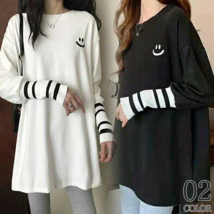 レディース ロングtシャツ 重ね着風 チュニック ビッグtシャツ 長袖 異素材 ロング丈 トップス スマイル ティーシャツ ロンt 袖 切り替え カットソー ゆったり 体型カバー 暖かい 暖か 着回し 秋服 白 ホワイト 黒 ブラック 大きいサイズss