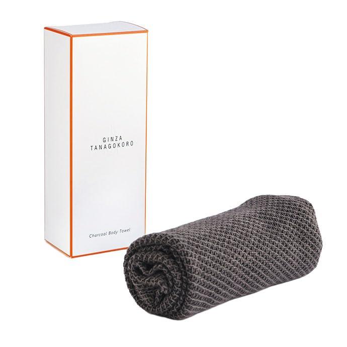 GINZA TANAGOKORO チャコールボディタオル (やわらかめ / 約100cm×30cm / グレー/日本製) 肌に優しい 泡立ちなめらか (お風呂 身体) 消臭 (備長炭繊維/とうもろこし繊維/綿) 体洗うタオル 泡立てタオ