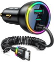 Rocoren【虹色LED &1.6m伸縮コイルケーブル搭載】 シガーソケットUSB 車 充電器 急速充電 70W カーチャージャー QC+PD 3ポート(35W+35W+30W) 車載充電器 虹色LED付き12V/24V対応 iPhone/iPad/M(2)