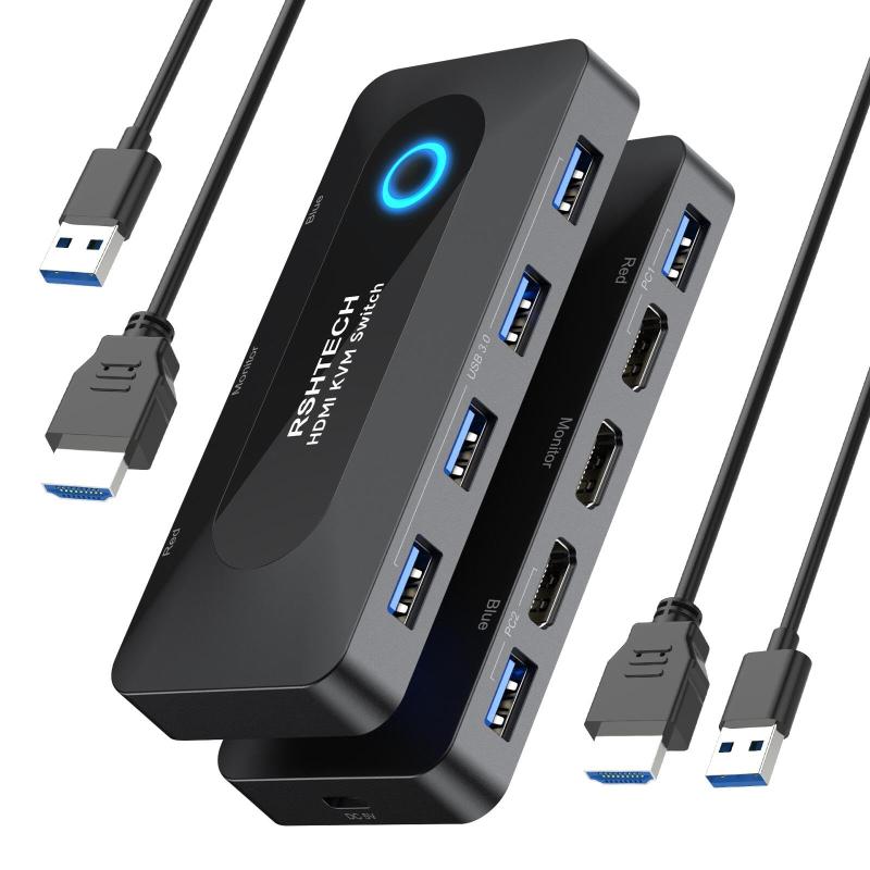KVMスイッチRSHTECH USB 切替器 HDMI 4K@60Hz 、4 USB 3.0 ポート パソコン2台用 キーボードマウスプリンターと1台のHDモニター HDMIケーブル2本、USBケーブル2本付属切り替え器(RSH-A301)