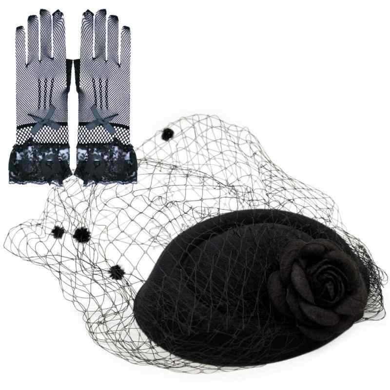 [あすにこ] トーク帽 黒 葬式 葬儀 レディース レース カクテルハット 手袋 セット クリップ バラ装飾