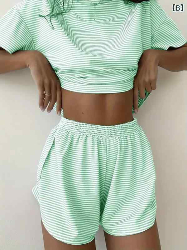 ワンピース 夏 レディース 半袖 ロング丈 体型カバー 綿100% 涼しい 2025年 クロスボーダー 対外 婦人服 夏 シンプルで 快適 ストライプ 半袖 ウエスト ゴムショーツ ホームウェア 2点 セット