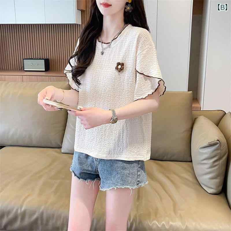 ファッション 服 オシャレ カワイイ シンプル 大カワイイ サイズ 婦服 シャツ 袖 スタッキング トップス Tシャツ な 女性用 半袖 Tシャツ 夏の スタイル 年齢 軽減 西洋 スタイル スプライシング フラワー ピーソン トップ イン