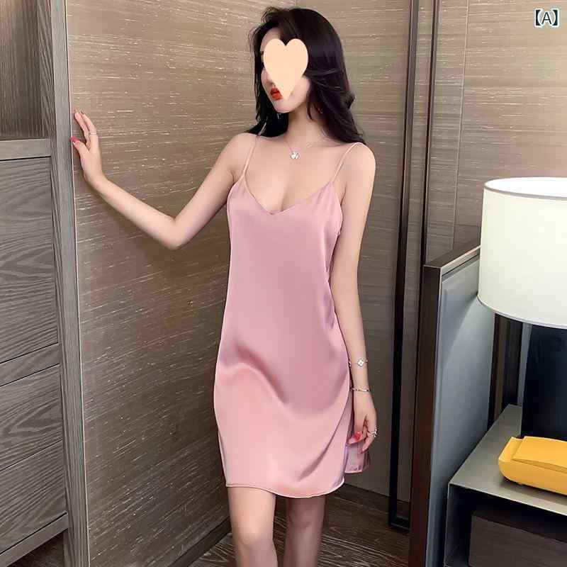 "シルク風 パジャマ つるつる ルームウェア ナイトウェア レディース " &ampquotシルク風 パジャマ つるつる ルームウェア ナイトウェア レディース &ampquot 夏の シルク サスペンダー 魅惑的 レディース パジャマ スリム 襟な スタイル x3