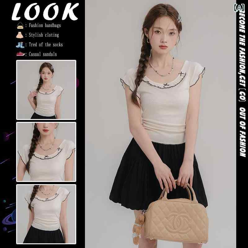 フリル シャーリング トップス レディース 春夏 かわいい 蝶 結びの 木の 耳元の u 襟の 半袖の t シャツ レディース 夏の 新型の な 欲の ギャルの しわの 修身の 短い 金の 米 杏の 上着x2