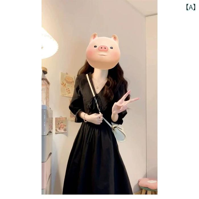 ワンピース レディース Aライン 秋用 長袖 体型カバー 大きめ サイズ mm スタイル ブラック v ネック パフスリーブドレス レディース 春夏 秋 ウエスト a ライン スリム ロング スカート(4)