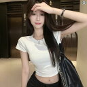 ファッション 服 オシャレ カワイイ シンプル 大カワイイ サイズ 婦服 シャツ 袖 スタッキング トップス Tシャツ アメリカン スタイル へそ 出し ショー...