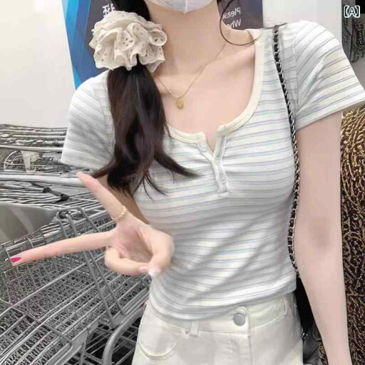 ファッション 服 オシャレ カワイイ シンプル 大カワイイ サイズ 婦服 シャツ 袖 スタッキング トップス Tシャツ Pure Desire ストライプ 右 肩 U ネック 半袖 Tシャツ レディース 2025 夏の スリム トップ ファッション 服 オシャレ カワイイ シンプル 大カワイイ サイズ 婦服 シャツ 袖 スタッキング トップス Tシャツ Pure Desire ストライプ 右 肩 U ネック 半袖 Tシャツ レディース 2025 夏の スリム トップ