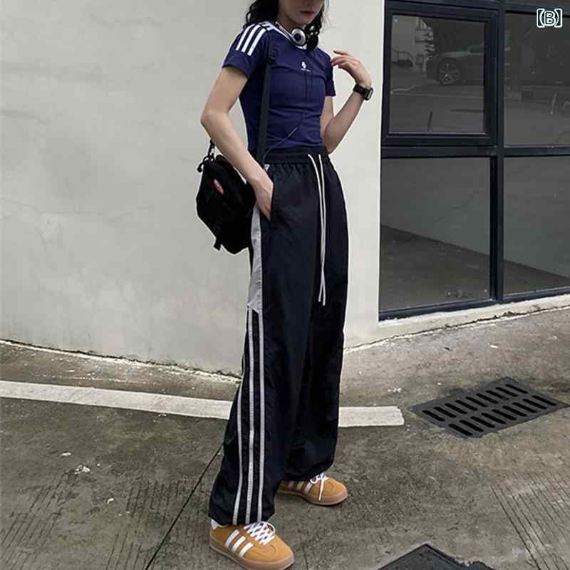 ワイドパンツ レディース ライン 美脚 夏 サマーパンツ 通気性 ベルボトム スエット 軽量 着痩せ ジャージ サイドライン スタイルアップ 脚長効果 体型カバー 楽ちん カジュアル アメリカ 街頭の カジュアル ズボンの レディース 秋型の