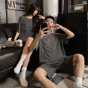 パジャマ カップル ペアルック パジャマ メンズ レディース 男女兼用ルームウェア ペアパジャマ ダブル ショート カップル シンプルで エレガント 高級 冷感 糸 ラウンドネックプルオーバー 屋外で 着用 可能 女性用 パジャマ ホームウェア