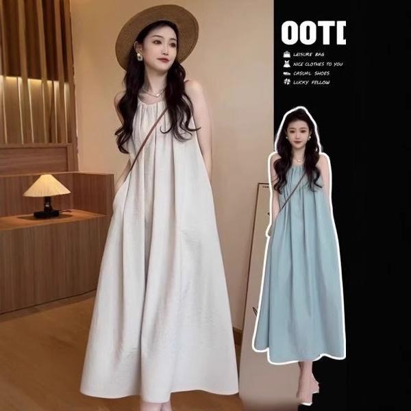 夏休み風ゆったりストラップワンピースロングスカート 海辺の 休暇 バックレス ストレート ドレス 婦人服 夏 雲南 旅行 着用 サスペンダー ビーチ ロング スカート(4)
