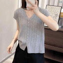 "冷感 レディースニット 薄手 サマーカーデ 夏用羽織 UVケア " &quot冷感 レディースニット 薄手 サマーカーデ 夏用羽織 UVケア &quot 【 40100 kg】 フレンチ Vネック 半袖 冷感 セーター レディース 夏用 トップス|詳細画像