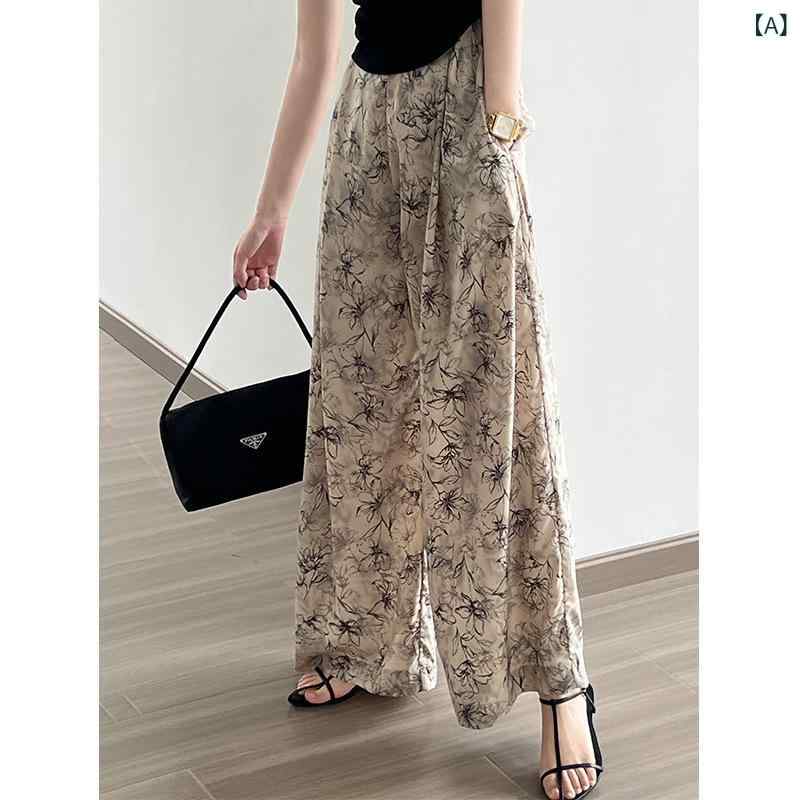 ワイドパンツ ゆったり リラックス 体型カバー 楽ちん インク プリント ワイド レッグ パンツ レディース 夏の 新 ハイウエスト スリム 薄型 クールカジュアル パンツ レディース(4)