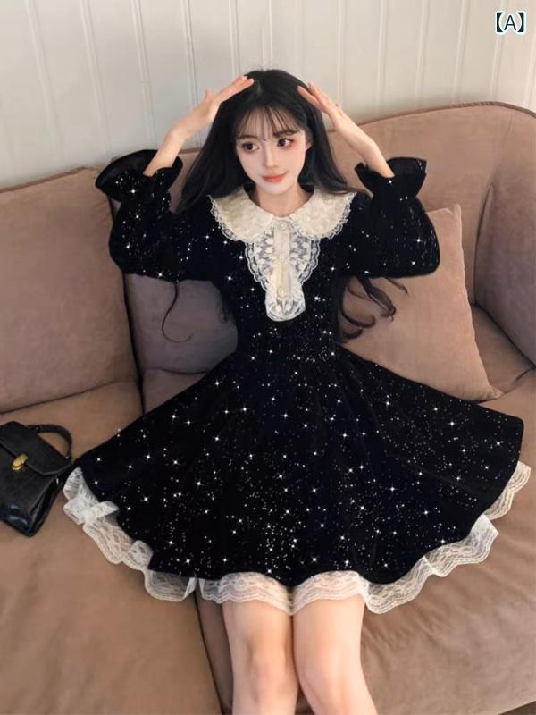 ワンピース レディース Aライン 秋用 長袖 体型カバー 秋冬 大きいサイズ レースの 子供の 襟は 腰の a 字の ドレスの スカートの 子供の フランス のの 感の ベルベットの ワンピースを 収めます。x2