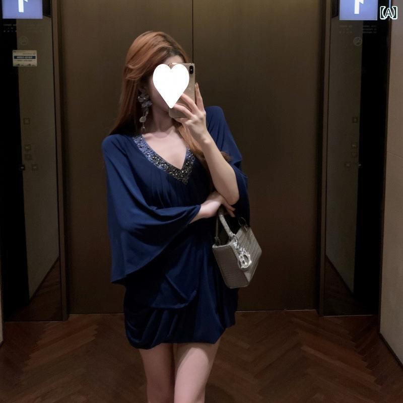 ワンピース レディース Aライン 秋用 長袖 体型カバー ヘビー ビーズ Vネック 七分袖 ドレス レディース 秋 レディ スタイル ショート スカート プリーツ aライン スカート