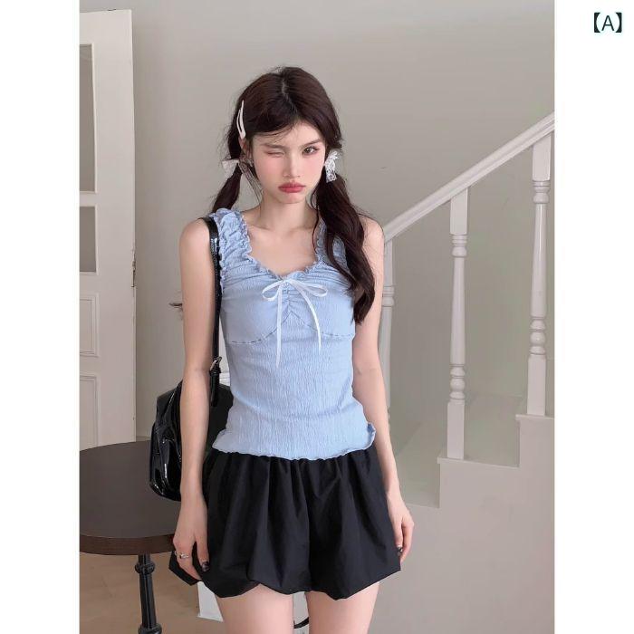 フリル シャーリング トップス レディース 春夏 かわいい ギャルの 欲の しわの 木の 耳元の ガーター..