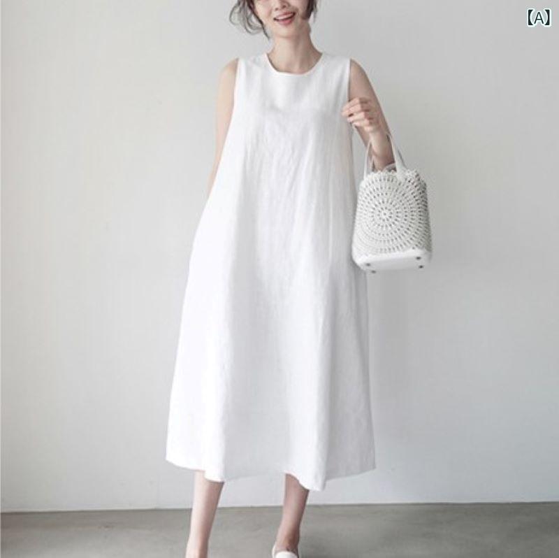 ワンピース夏 綿麻 夏用 きれいめ マキシ丈 ワンピ 薄手 シンプル 2024 夏の 韓国 綿 麻の ノースリーブベストが ゆったりしていて 痩せています。x2(4)