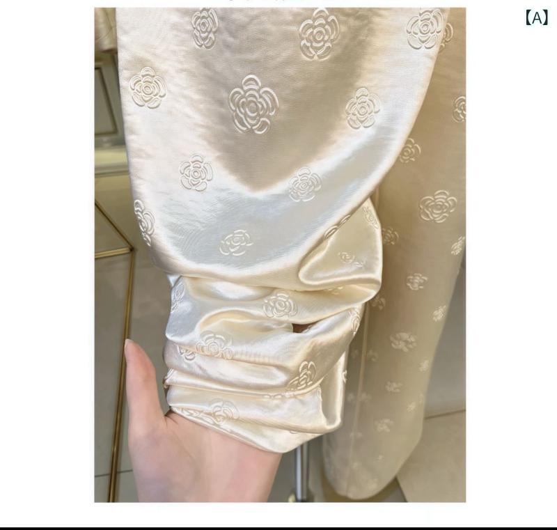 レディース 夏 夏用 涼しい パンツスーツ 洗える エレガンス系 チャイナ風 椿 ストレート パンツ 夏 ジャカード サテン ドレープ ワイド レッグ パンツ 高貴な レディース パンツ(4)