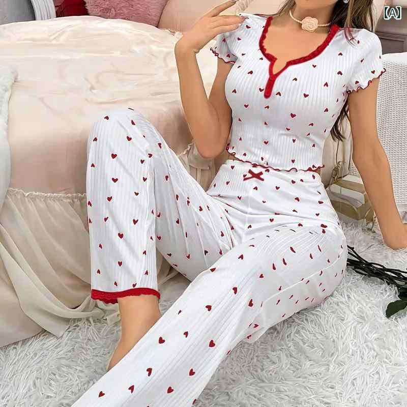 疲労回復 ルームウェア 吸湿速乾 機能性 疲れにくい ストレッチ 欧米の 国境を 越えての ある ジャカード 坑 条の 家庭 服の ズボンの 半袖の 愛の レディース パジャマの スーツは 外で 着る ことが できます。