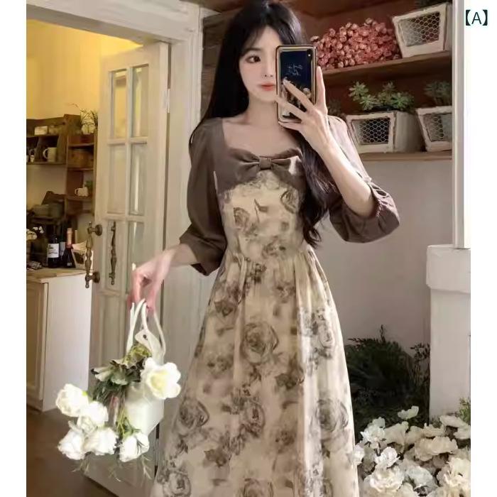 ワンピース レディース Aライン 秋用 長袖 体型カバー 2024 春夏 レトロ 水墨 砕 花 サスペンダー スカート 女性 夏 フランス 優しい 風 茶 休憩 ワンピース(4)