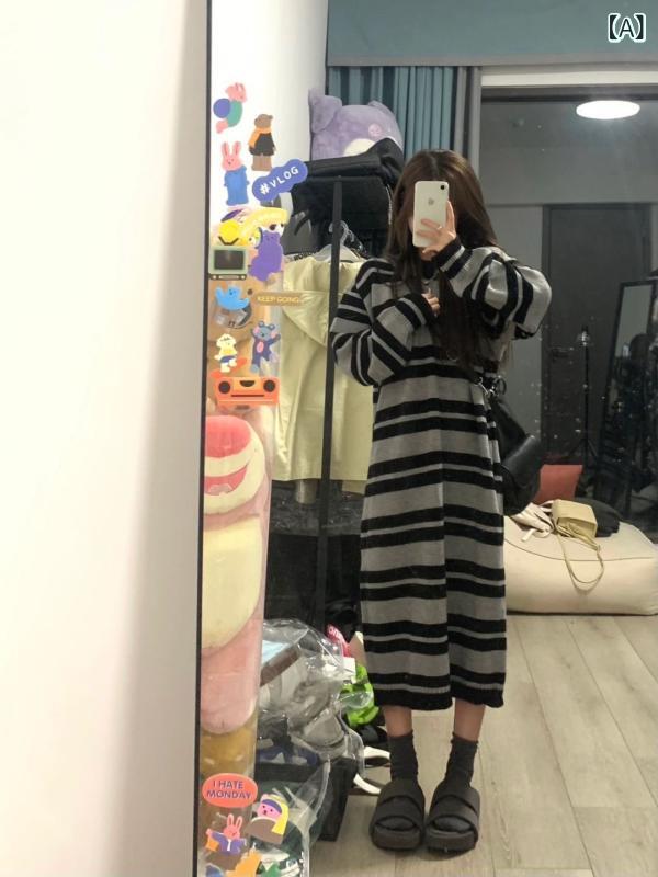 ワンピース レディース ロング丈 秋用 無地 カジュアル スタイル ストライプセーター ニット ドレス ゆ..