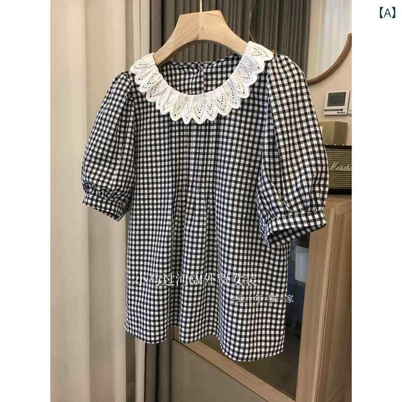 シャツ レディース 半袖 ノー 綿100% 無地 ヨウ 素は 時代遅れです。 レースは 白黒の 格子の 子供の ..