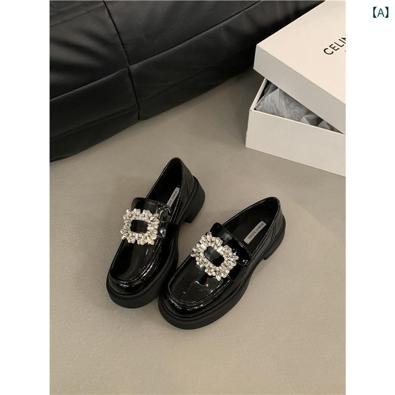 黒い 厚底の 漆 皮の 小さい 革靴の レディース 靴 2025 新型の 春の 英 倫 風の 復古の 水 ドリルの ..