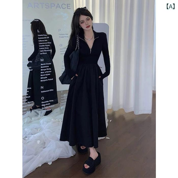 ワンピース レディース ロング丈 秋用 無地 カジュアル フランス ファッションの カジュアル ワンピース 女性 秋冬型の 底には ペンダント 感の ある ロング スカートが ついている