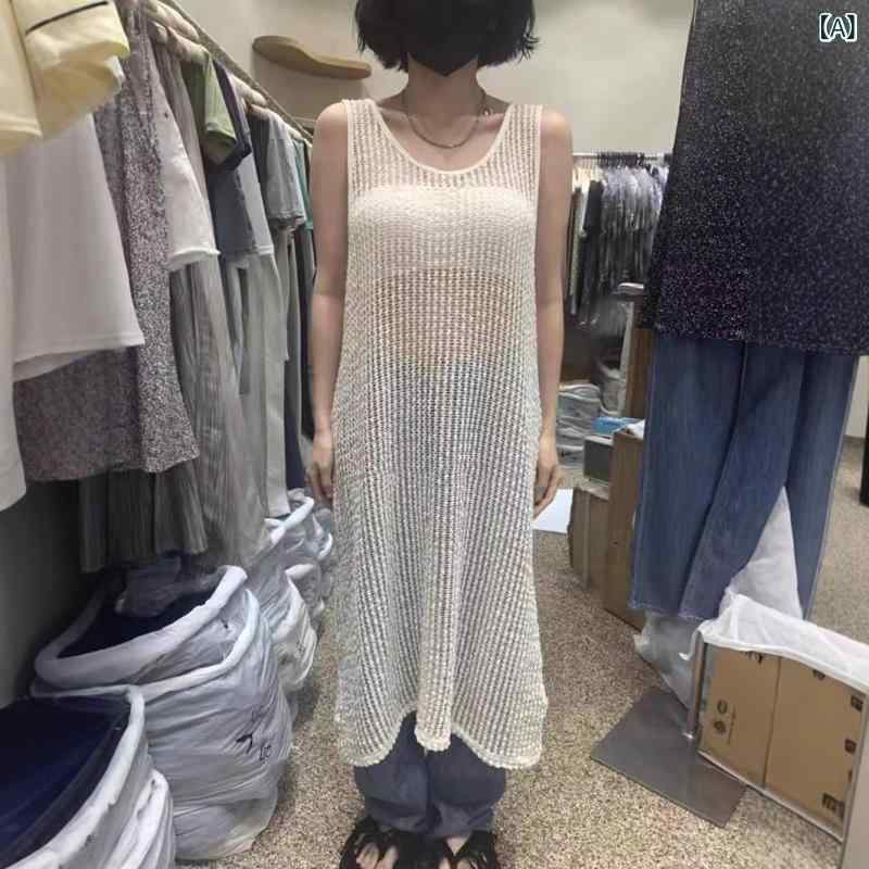 ワンピース 透け感 シアー 長袖 お呼ばれ 日常 通勤 上品 魅惑的 おしゃれ シンプル レディース ゆったり 体型カバー 着痩せ カジュアル 2025 新型の 氷 糸 ニットの ブラウスは 袖なしの ワンピースの 女性 大衆の 設計 のの 透かし彫りの x2