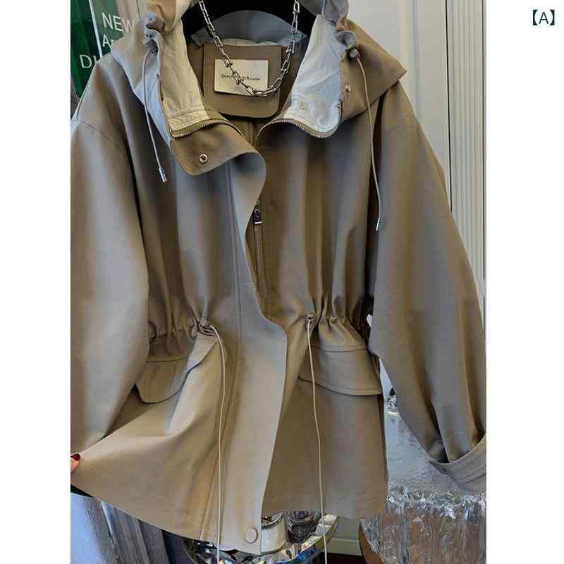 ショート丈 パーカー 羽織り用 アウター 春アウター ショート丈 パーカー 羽織り用 アウター 春アウター 英 倫 風 カーキ色 フード付き コート 女性 秋 ...