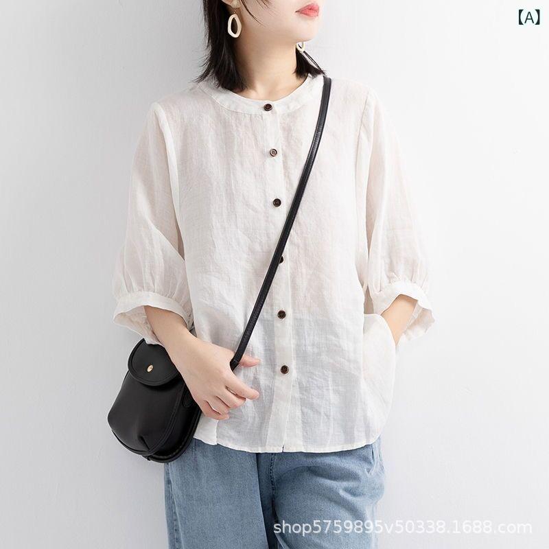 ブラウス キーネック レディース シャツ トップス シアー ロング チュニック 二の腕カバー フレア袖 レ..