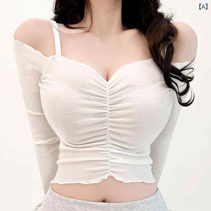 フリル シャーリング トップス レディース 春夏 かわいい ギャルの 魅惑的 肩の しわの 短い 上着の レ..