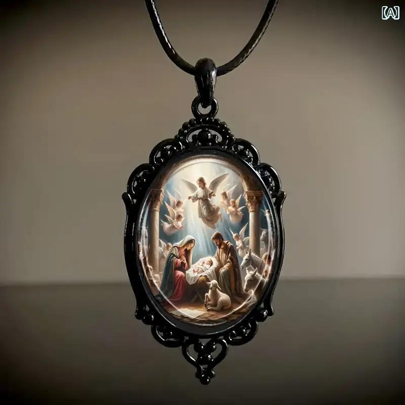 ネックレス レディース シンプル おしゃれ ペンダント 普段使い チェーン の 聖母 マリア ガラスの ペンダント ネックレス 魅惑的 レトロ 楕円形 ネックレス