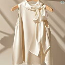 】シャツ レディース ブラウス オフィス ノーアイロン 半袖 七分袖 スーツ インナー 開襟 クールビズ 春夏 シワになりにくい ビジネス 女性用 ホルターネック トップス 薄手で スタイリッシュな ホワイト シャンパン リボン シャツ サテン
