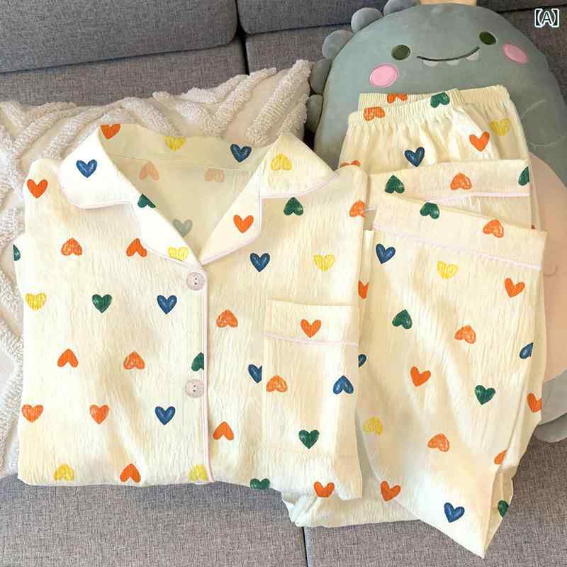 疲労回復 ルームウェア 吸湿速乾 機能性 疲れにくい ストレッチ 春の 新型 少女 愛 プリント パジャマ 女性 長袖長 ズボン しわ 布 レジャー 家庭 服 ファッション セット り