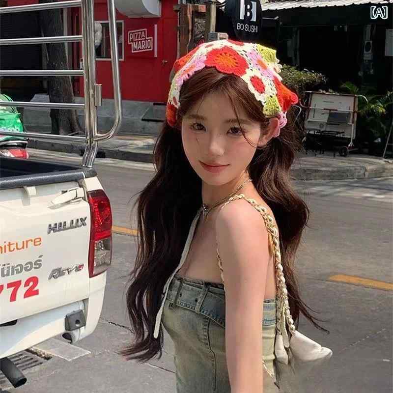 ターバン 帽子 スカーフ レディース おしゃれ ヘアアクセ 田園 風 ドーパミン 三角 スカーフ 海辺の ビーチ 花 少女の 透かし彫り ヘア バンドの スカーフ 写真