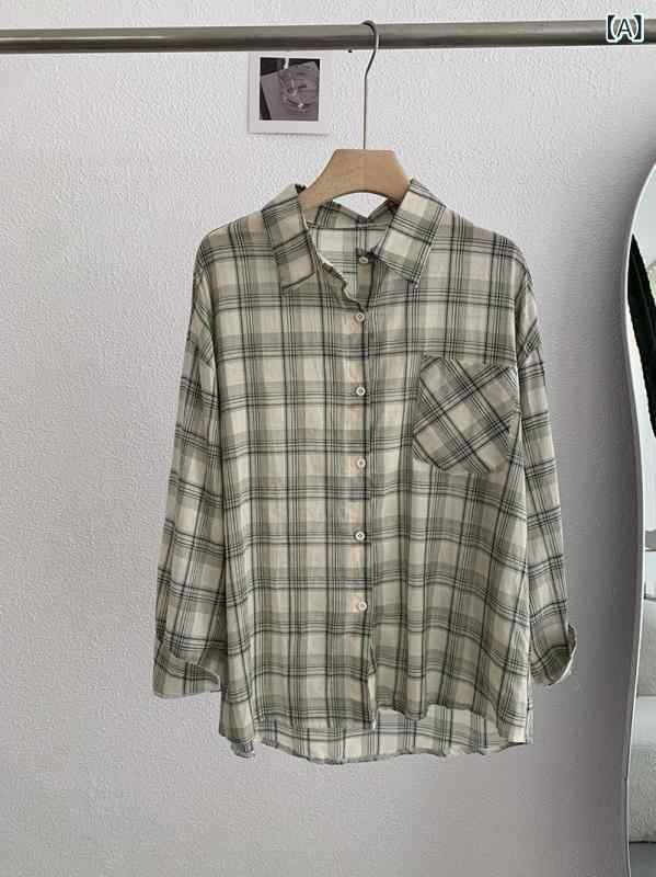 Omalai チェック 柄 シングルブレスト 長袖 薄手 日焼け防止 シャツ トップ 夏の レディース 3776