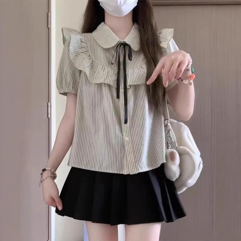 ルームウェア レディース 春夏 上下セット セットアップ セット かわいい パジャマ 半袖 トップス 短パン ショートパンツ パンツ 部屋着 ルームウエア 韓国 カレッジ スタイル 甘くてな 半袖 ベビー ドール カラー フリル リボン ストライプシャ