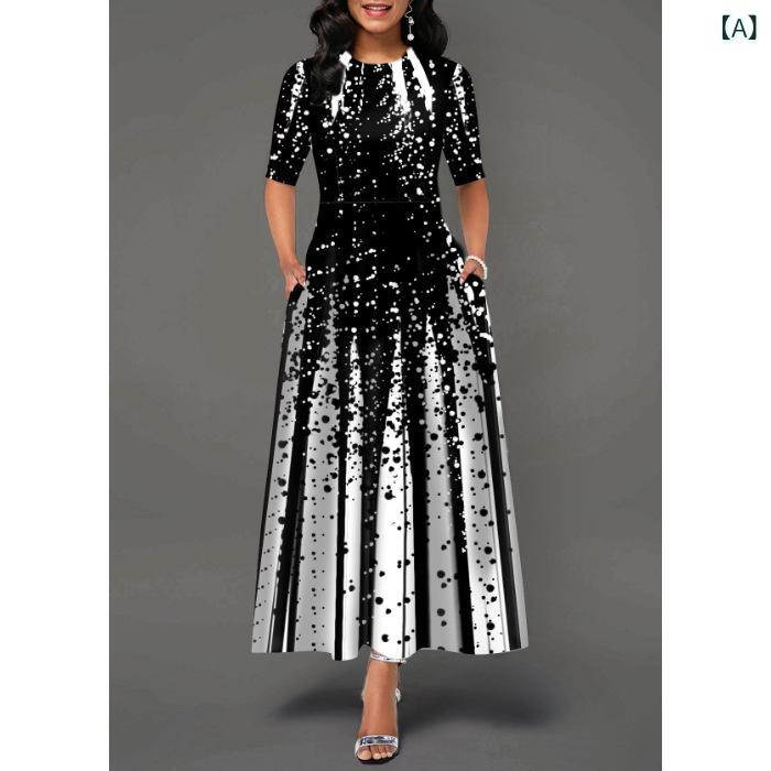 ワンピース レディース Aライン 秋用 長袖 体型カバー 2025と アメリカ クロスボーダー 婦人服 グラデーション ポジショニング プリント 半袖 ラウンドネック ミッド スリーブ ロング ドレス(4)