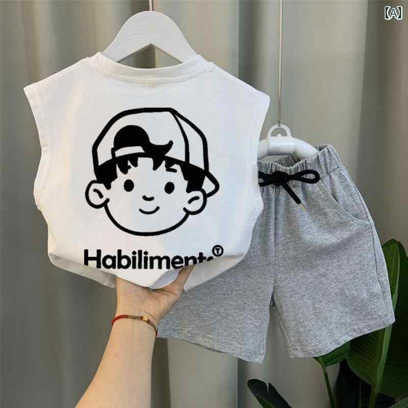 ファッション レディース 韓国 トップス Tシャツ 半袖 ロゴT シンプルロゴ ラウンドネック 綿 コットン カジュアル シンプル かわいい 英字プリント半袖Tシャツ 新 韓国 2点 セット ノースリーブベスト t シャツ ショート パンツ 男 児童 装x2