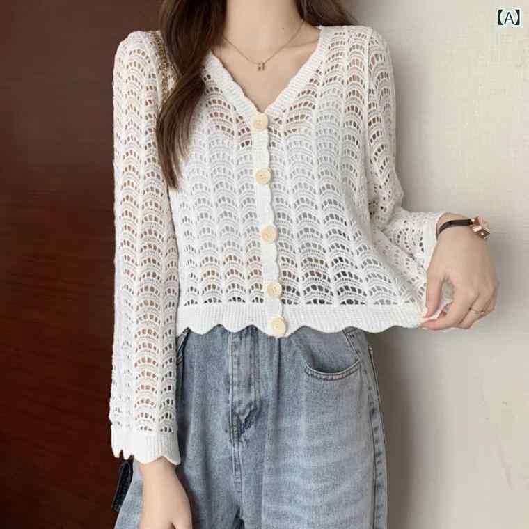 "レディース ラッシュガード 水陸両用 ウェア 紫外線対策 水着 " &ampquotレディース ラッシュガード 水陸両用 ウェア 紫外線対策 水着 &ampquot フランスの シンプル 透かし 編みの カーディガンの レディース 短い v ネックの 白い 薄