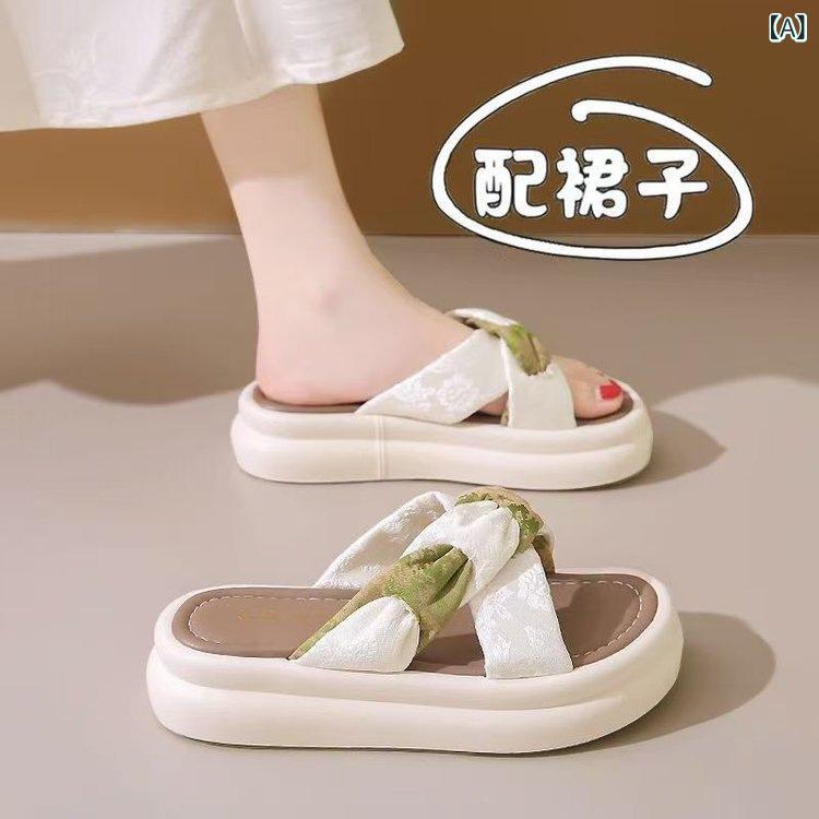 厚底サンダル レディース 夏用 ビーチサンダル ファッション 一文字ストラップ チャイナ風 かわいい スカートコーデ 屋外用 軽量 伸縮性 吸湿速乾